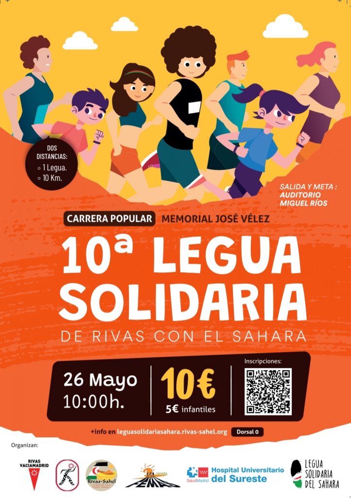 Cartel en tonos naranjas con distintos corredores participando en la 10 legua solidaria